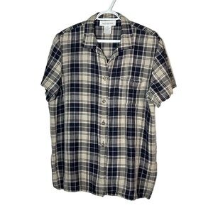 Jones New York Linen Blend Classic Plaid Button Down Shirt Navy Beige Size 14